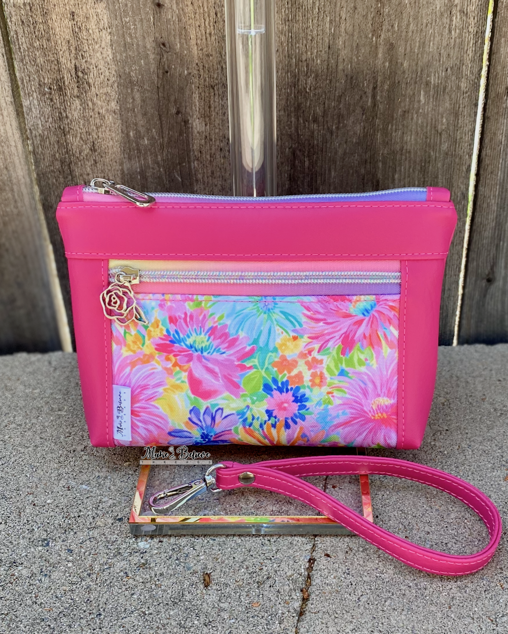 Summer Floral Hot Pink Pouch with Wristlet Strap