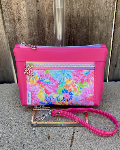 Summer Floral Hot Pink Pouch with Wristlet Strap