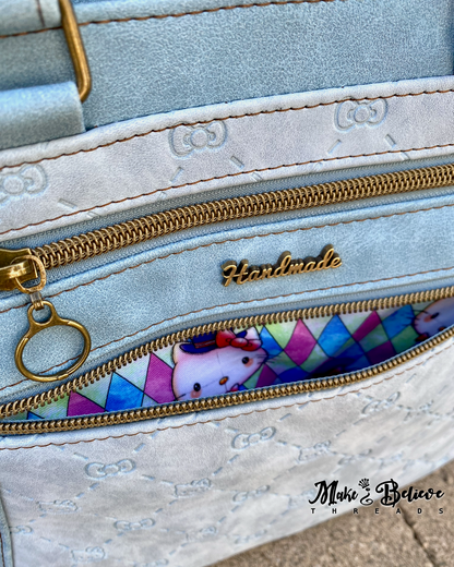 Tone-on-Tone Blue Faux Suede Bow Kitty Shoulder Bag
