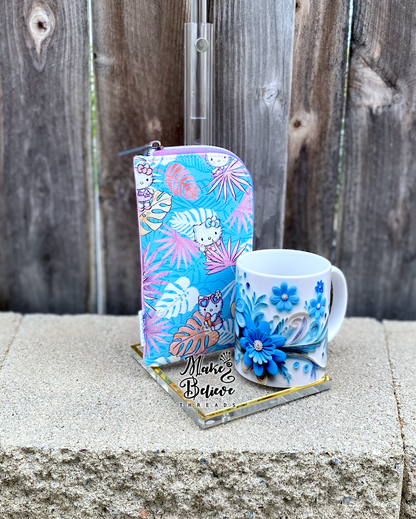 Tropical Pink Bow Kitty Padded Zipper Pouch
