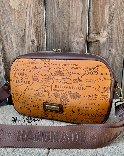 Two-Tone Brown Debossed LOTR Map Crossbody Bag