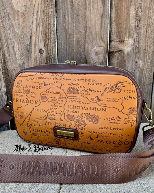 Two-Tone Brown Debossed LOTR Map Crossbody Bag