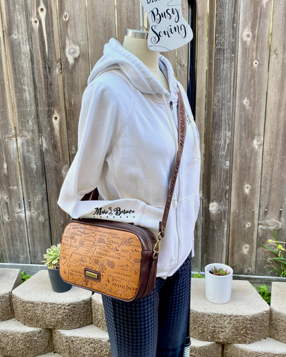 Two-Tone Brown Debossed LOTR Map Crossbody Bag