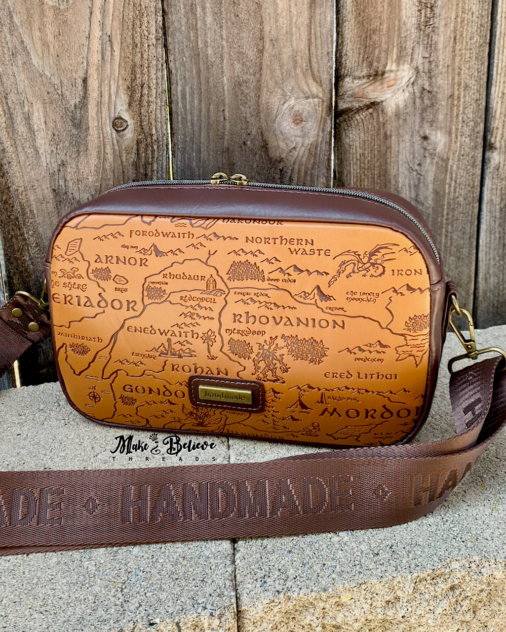 Two-Tone Brown Debossed LOTR Map Crossbody Bag