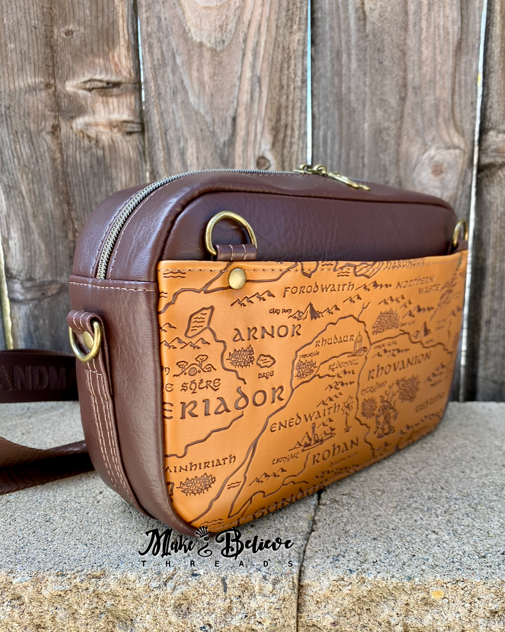 Two-Tone Brown Debossed LOTR Map Crossbody Bag