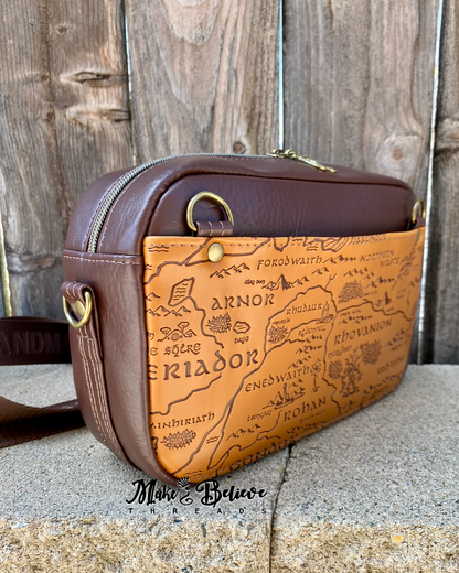 Two-Tone Brown Debossed LOTR Map Crossbody Bag