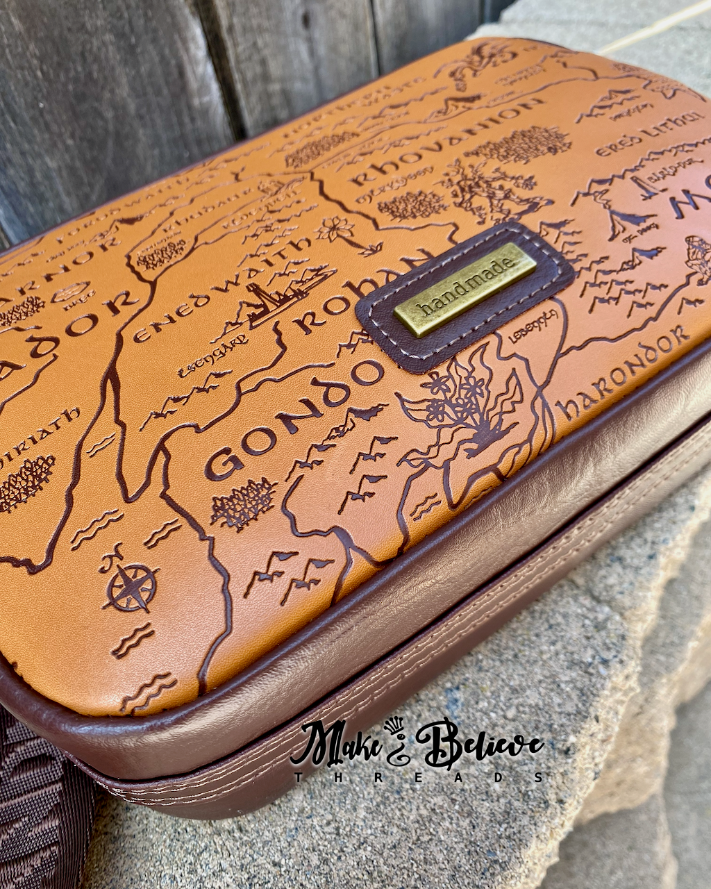 Two-Tone Brown Debossed LOTR Map Crossbody Bag