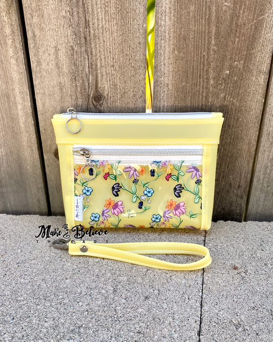 Yellow Jelly with Clear Flowers Pouch with Wristlet Strap